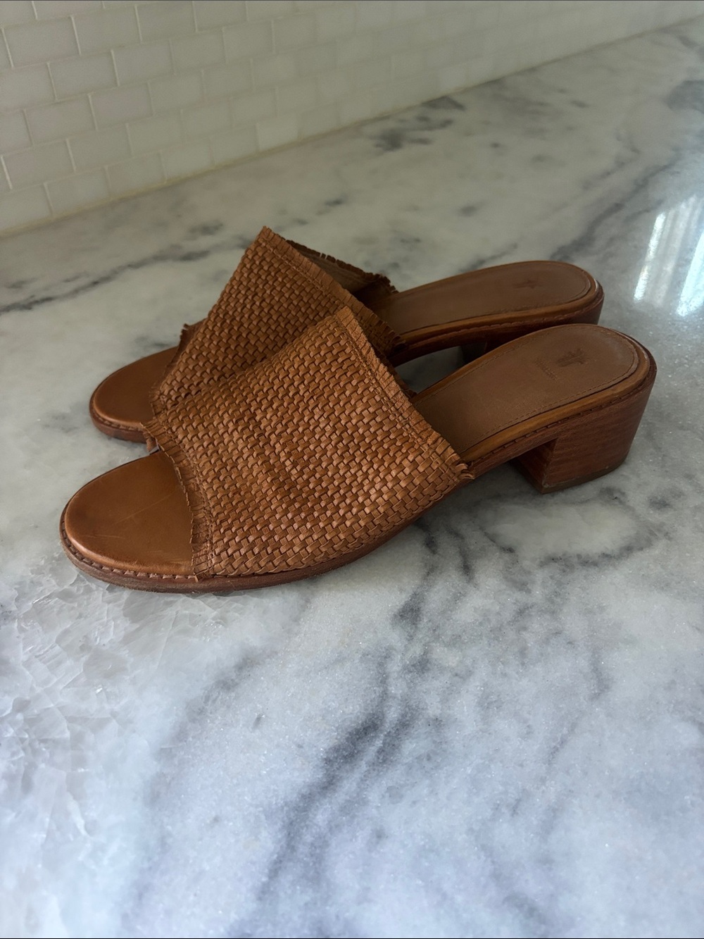 Frye Woven Leather Mule Slides in Cognac Brown